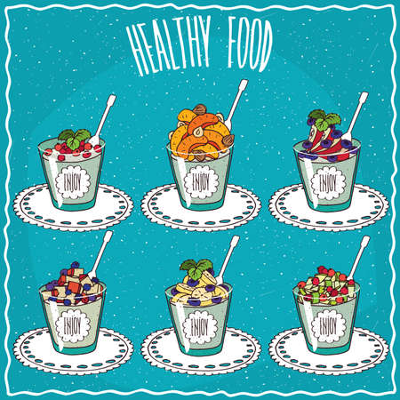 Set of different natural yogurts in glasses with such ingredients as berries, fruits, dried apricots and nuts. Blue background. Handmade cartoon styleのイラスト素材