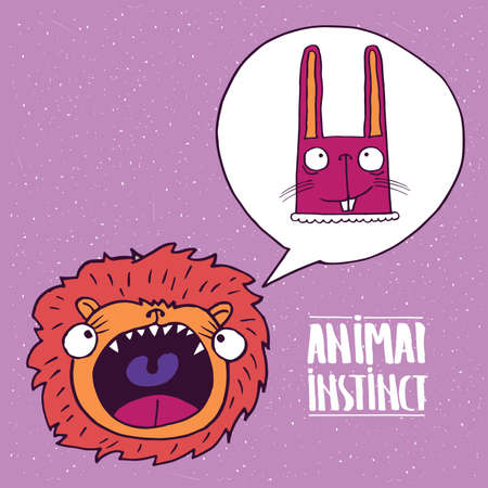 Cute lion with open mouth, dreams of a rabbit. Animal instinct concept. Handmade cartoon styleのイラスト素材