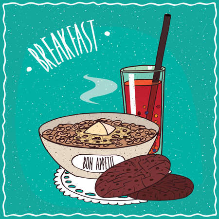 Bowl of muesli with butter, lie on lacy napkin. Near oatmeal cookies and glass of fresh juice. Cyan background and lettering Breakfast. Handmade cartoon styleのイラスト素材