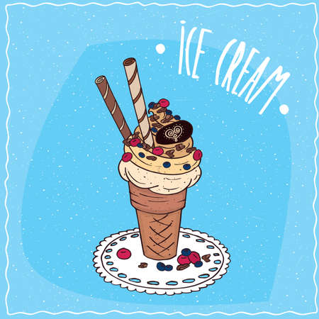 Great waffle cone with vanilla ice cream, sweet tubes, wild berries and chocolate chips, is on the lacy napkin. Blue background. Handmade cartoon styleのイラスト素材