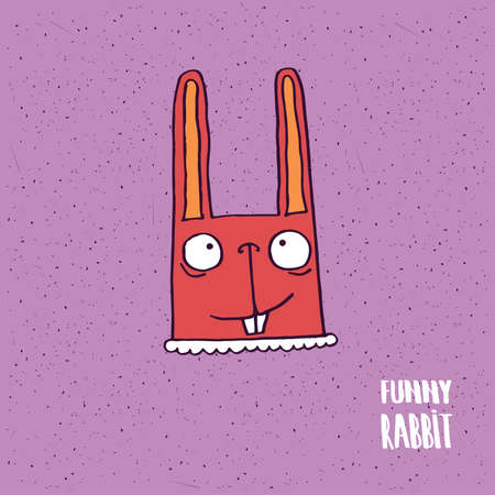 Cute rabbit with big ears on slightly desaturated magenta background. Lettering funny rabbit. Handmade cartoon styleのイラスト素材