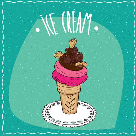 Great waffle cone with fruit and chocolate ice cream, cookies and colored sprinkles, is on the lacy napkin. Cyan background. Handmade cartoon styleのイラスト素材
