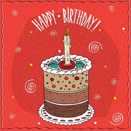 Perfect cake round shape with burning candle, with several layers, lie on lacy napkin. Happy birthday concept. Handmade cartoon styleのイラスト素材