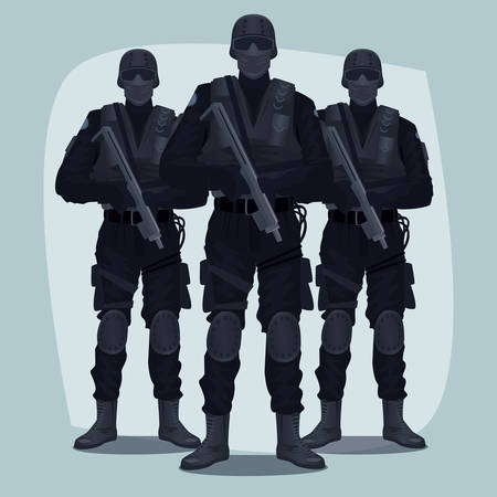 Three people, Special Law Enforcement Units of Specialized Tactical Team, dressed in Army Combat Uniform and holding automatic firearms. Full face and full bodyのイラスト素材