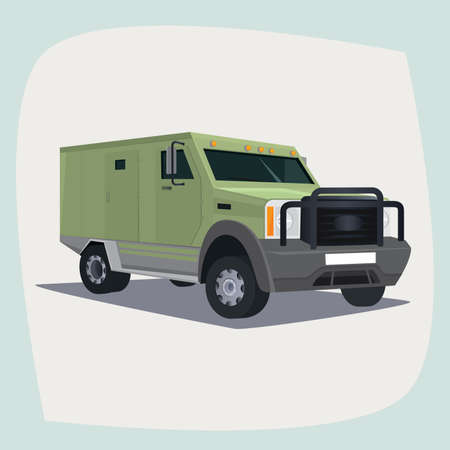 Isolated, detailed images of three-dimensional collector car, armored vehicle with cash, the main device of collector guards, in cartoon style. Side front viewのイラスト素材