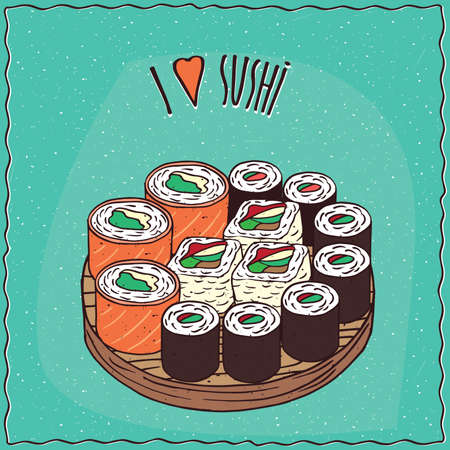 Set of different sushi rolls Maki or Makizushi type, on flat wooden plate. Cyan background and lettering I love sushi. cartoon styleのイラスト素材