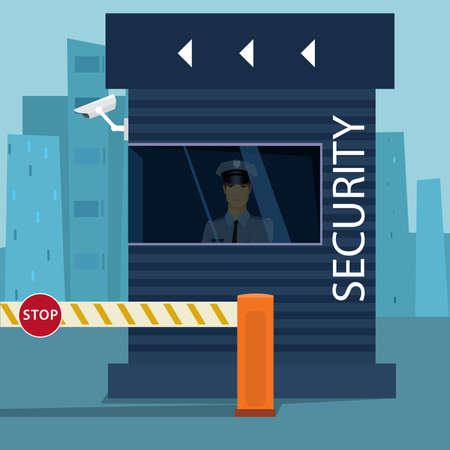 Border Passport Control or Security Checkpoint with a Boom Barrier Gate. Traffic police man sitting in sentry box with video surveillance. Cartoon flat styleのイラスト素材