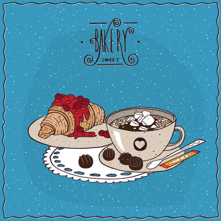 Cup of coffee with croissant drizzled with syrup or jam of red berries, lie on lacy napkin. Blue background and ornate lettering bakery. cartoon styleのイラスト素材