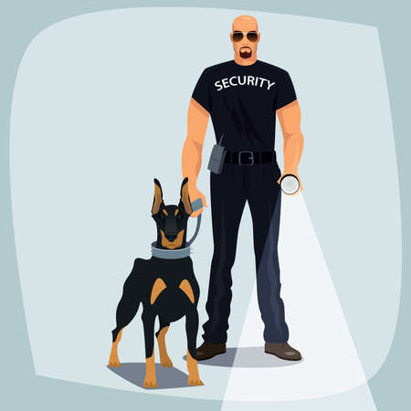 Security officer, bald man of strong physique in black uniform of patrol services, one hand shines flashlight, the other hand holding leash guard dog, like Dobermanのイラスト素材