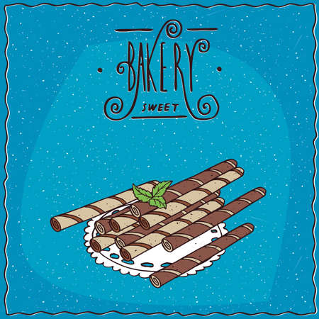 Sweet wafer rolls, bright and dark, lie on lacy napkin. Blue background and ornate lettering bakery. cartoon styleのイラスト素材