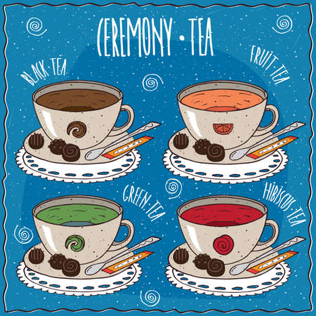 Set of cups with different tea with the names, black, fruit, green, hibiscus, on a lacy napkin. Blue background and lettering Ceremony tea. cartoon styleのイラスト素材