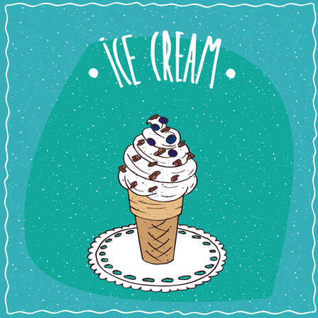 Great waffle cone with vanilla ice cream and pieces of chocolate and blue berries, is on the lacy napkin. Cyan background. cartoon styleのイラスト素材