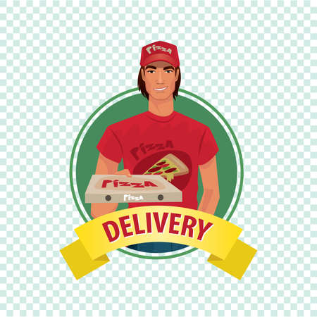 Isolate round icon on white background with courier, young man, standing in branded clothes and holding out pizza boxes. Food delivery conceptのイラスト素材