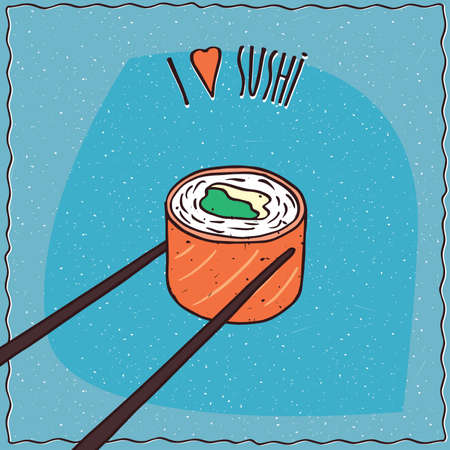 One pair wooden chopsticks holding delicious sushi roll Maki with salmon. Cartoon style. Lettering I Love Sushi. Blue backgroundのイラスト素材
