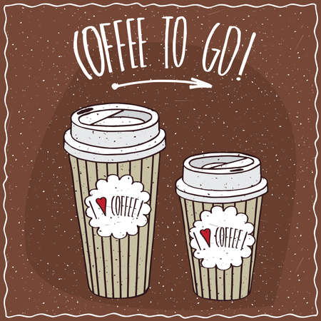 Set of two, different sizes, trendy paper cup of coffee, on which the inscription I love coffee. Ornate lettering Coffee to go. Handmade cartoon styleのイラスト素材