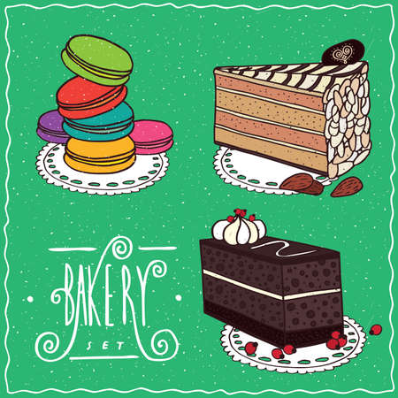 Confectionery set with Esterhazy with almonds, Chocolate coffee cake with layers of biscuit, Multi-colored cookies similar to macaron. cartoon styleの素材 [FY31065964089]