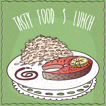 Delicious dish with Slice of Salmon and Large Portion of White Rice, in cartoon style on green background. Hand draw Lettering Tasty Food And Lunchのイラスト素材
