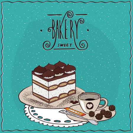 Traditional classic Italian dessert tiramisu with cup of coffee, lie on lacy napkin. Cyan background...