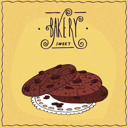 Round chocolate cookies, lie on lacy napkin. Yellow background and ornate lettering bakery. cartoon styleのイラスト素材