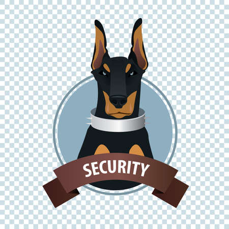 Isolate round icon on white background with European Doberman Pinscher, police guard dog with collar, full face, close-up. Signature Security. Cartoon styleのイラスト素材