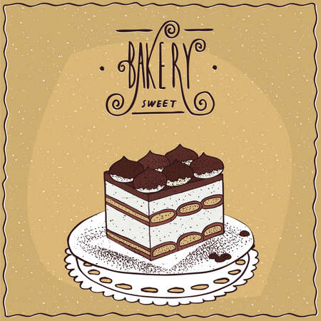Traditional classic Italian dessert tiramisu, lie on lacy napkin. Beige background and ornate lettering bakery. cartoon styleのイラスト素材