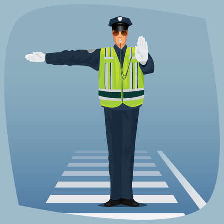 Traffic cop, officer of traffic police, in form of policeman, with high visibility clothing,...