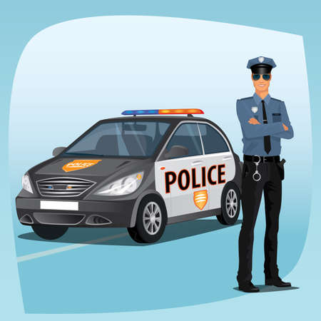 Police officer, man of police force, standing full face in uniform of policeman, with typical outfit...
