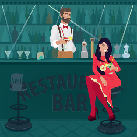 Young and cheerful girl in red with her hair loose sits at bar counter and holds out glass of cocktail. Fashionable bartender offers another cocktail. Party conceptのイラスト素材