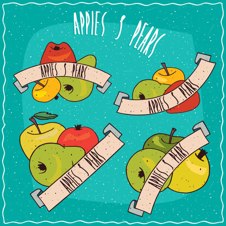 Set of colorful clip art groups of fruits, such as apples and pears of different sizes, shapes and colors, with ribbons and lettering.のイラスト素材
