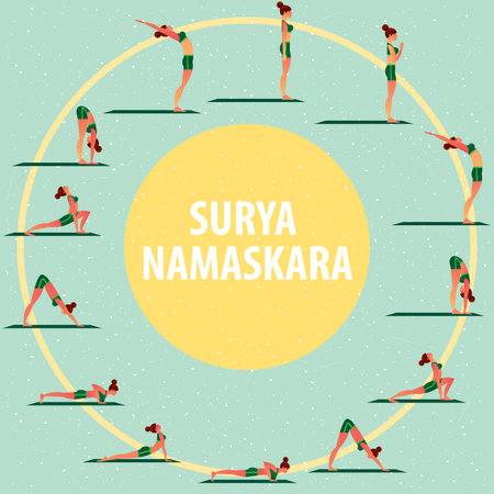 Set of images of sports girl in different yoga poses, performing complex of exercises, known as Greeting to the Sun or Surya Namaskara.のイラスト素材