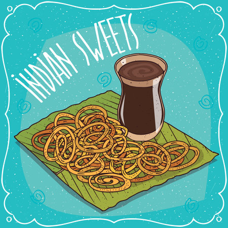Traditional food, popular sweets of Indian cuisine, deep frying pretzel known as Jalebi or Zulbia, on banana leaf plate and masala chai tea. Hand drawn comic styleのイラスト素材