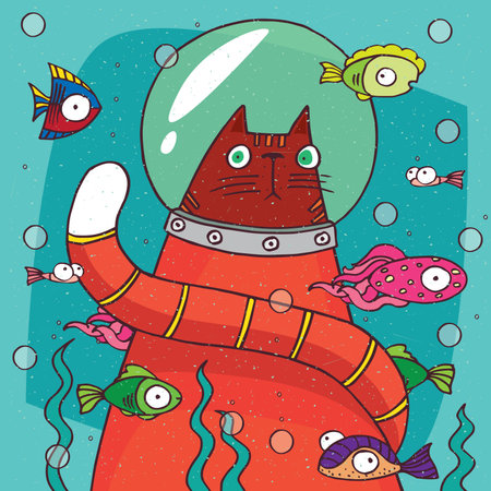 Funny cat with tail in diving suit is sitting on the bottom of lake or aquarium and looks in amazement at the various fish floating around. Hand drawn in comic styleのイラスト素材