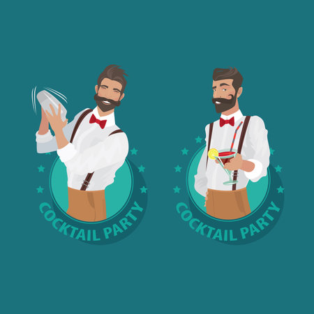 Set of emblems Cocktail Party. Cheerful and mustachioed bartender hipster with suspenders and red bow tie prepares cocktail and offers it to the viewerのイラスト素材