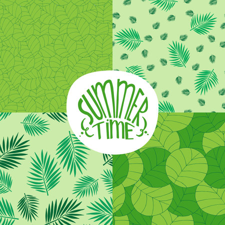 Set of seamless green summer backgrounds patterns with foliage plants or leaves. Realistic hand draw style. Emblem with lettering Summer Timeのイラスト素材