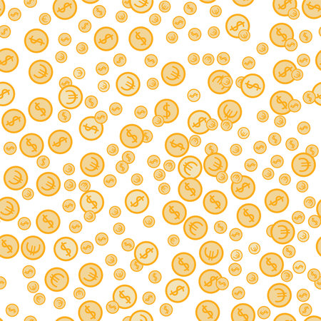 Seamless money pattern with coins with dollar and euro signs. Gold background with precious metal coins in chaotic manner. Flat hand draw styleのイラスト素材