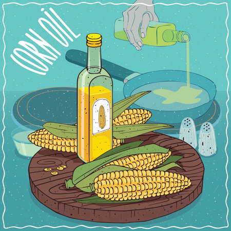 Glass bottle of Corn oil and Maize ears. Hand pouring oil on frying pan. Natural vegetable oil used for frying foodのイラスト素材