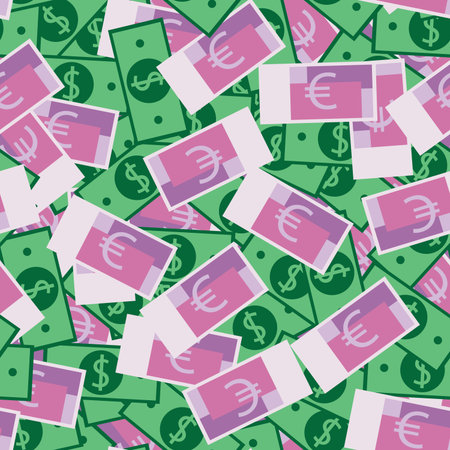 Seamless money pattern with many euro and dollar currency signs. Paper banknotes in chaotic manner. Flat hand draw styleのイラスト素材