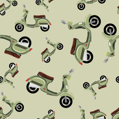 Seamless hipster pattern with retro motorcycle in green color. Modern fashionable background with vintage scooter. Cartoon hand draw styleのイラスト素材