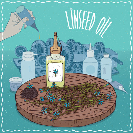 Plastic Oil Can of Linseed oil and flowers and seeds of Flax plant. Hand lubrication mechanism. Natural vegetable oil used as grease lubricantのイラスト素材