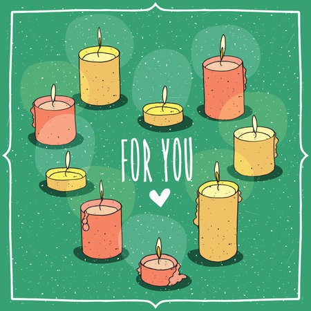Composition with soft pink and yellow burning scented candles in heart shape. Isolated green background. Cartoon hand draw style. Lettering inscription For Youのイラスト素材