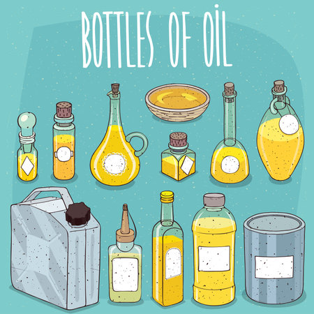 Mockup set of different transparent containers of oil or yellow liquid, with white sticker labels for text or image. Hand drawn style with grunge textureのイラスト素材