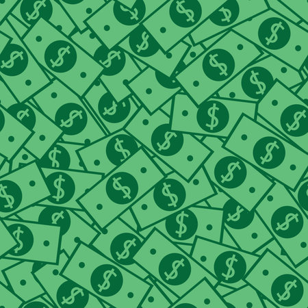 Seamless money pattern with many dollar currency signs. Green background with paper banknotes in chaotic manner. Flat hand draw styleのイラスト素材