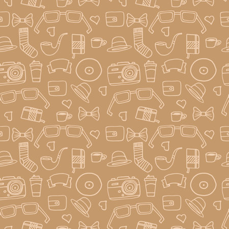 Seamless Hipster pattern in light brown color with retro and vintage symbols. Modern fashionable background with a white stroke. Cartoon hand draw styleのイラスト素材