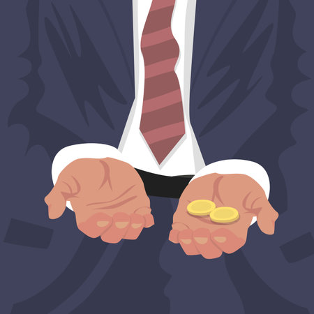 Close up of outstretched hands for begging with some money coins. Business man dismissed or Employee fired from job concept. Simplified realistic cartoon style.のイラスト素材