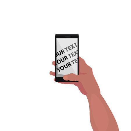 Isolated hand holding smartphone with sample text on screen on white background. Mock-up of screen of smartphone in hand.のイラスト素材