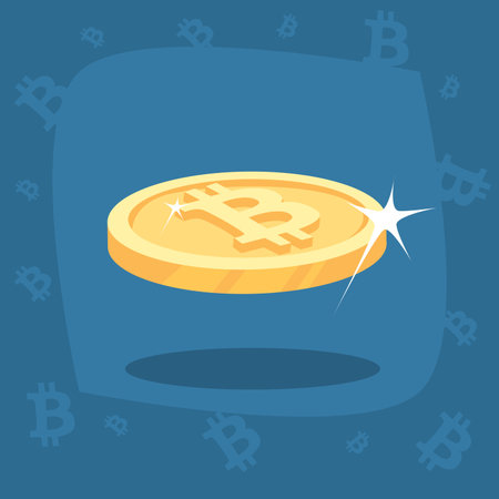 Close up isolate shiny gold bitcoin coin with lens flare. Revenue or big profit concept. Simplified realistic cartoon style.のイラスト素材