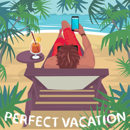 Young man makes photo of ocean on fashionable phone, lying on sun lounger on tropical beach. Lettering Perfect Vacation.のイラスト素材