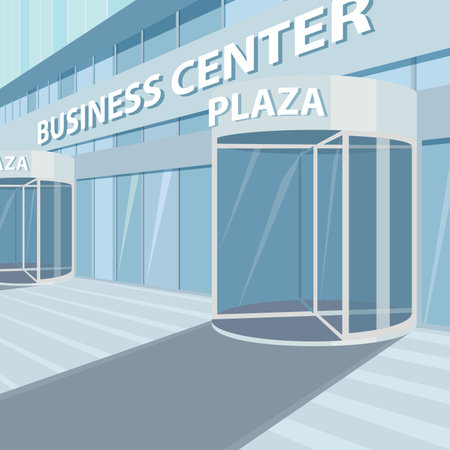 Exterior of facade of office business center, with glass wall and doors, with inscription Plaza. Three quarter view. Simplistic realistic comic art styleのイラスト素材