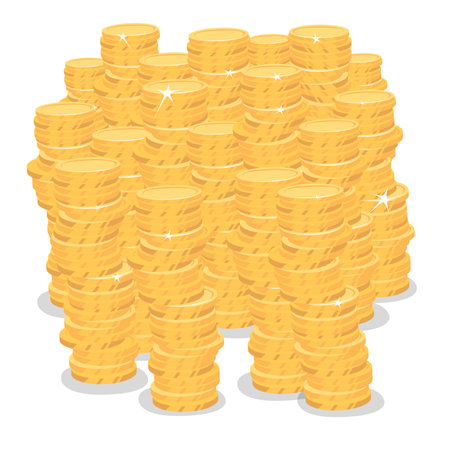Lot of gold coins on white background. Isolate big pile of money. Many bunches of cash. Revenue or big profit concept. Simplified realistic cartoon styleのイラスト素材