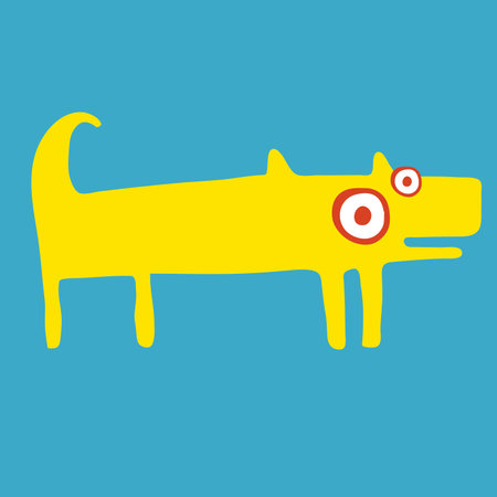 Funny yellow dog stands and wags his tail. Side view. Blue background. Hand draw cartoon art styleのイラスト素材